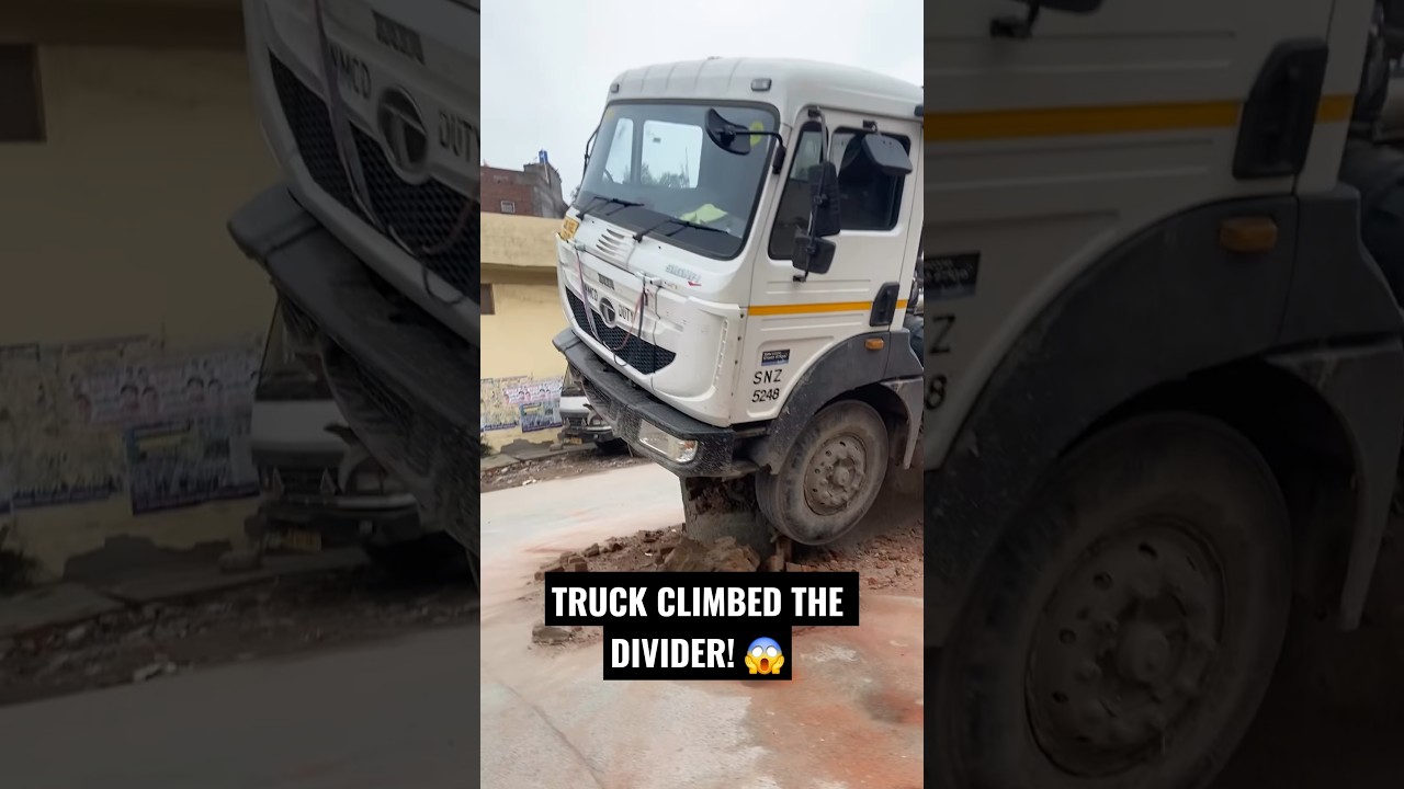 Shocking Truck Accident Truck Climbs Over the Road Divider 😱🚛 #truck #overtheroad #trucky #roadtrain