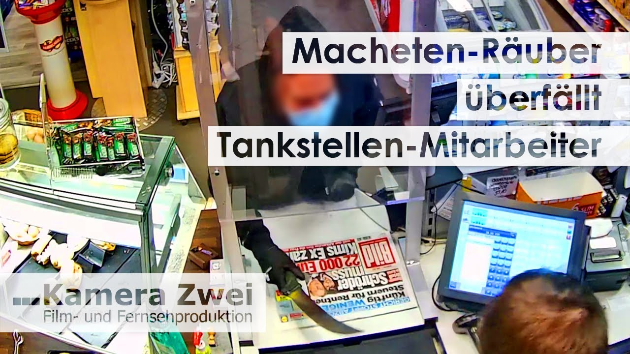 Macheten-Räuber überfällt Tankstelle - Überwachungsvideo mit Original-Ton | Kamera Zwei