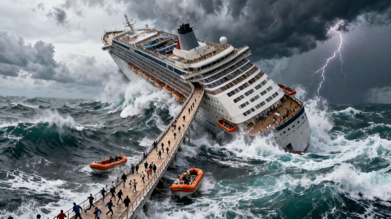 Luxury cruise ship vanish in north sea stormy creepy waves - a struggle for survival cinematic film