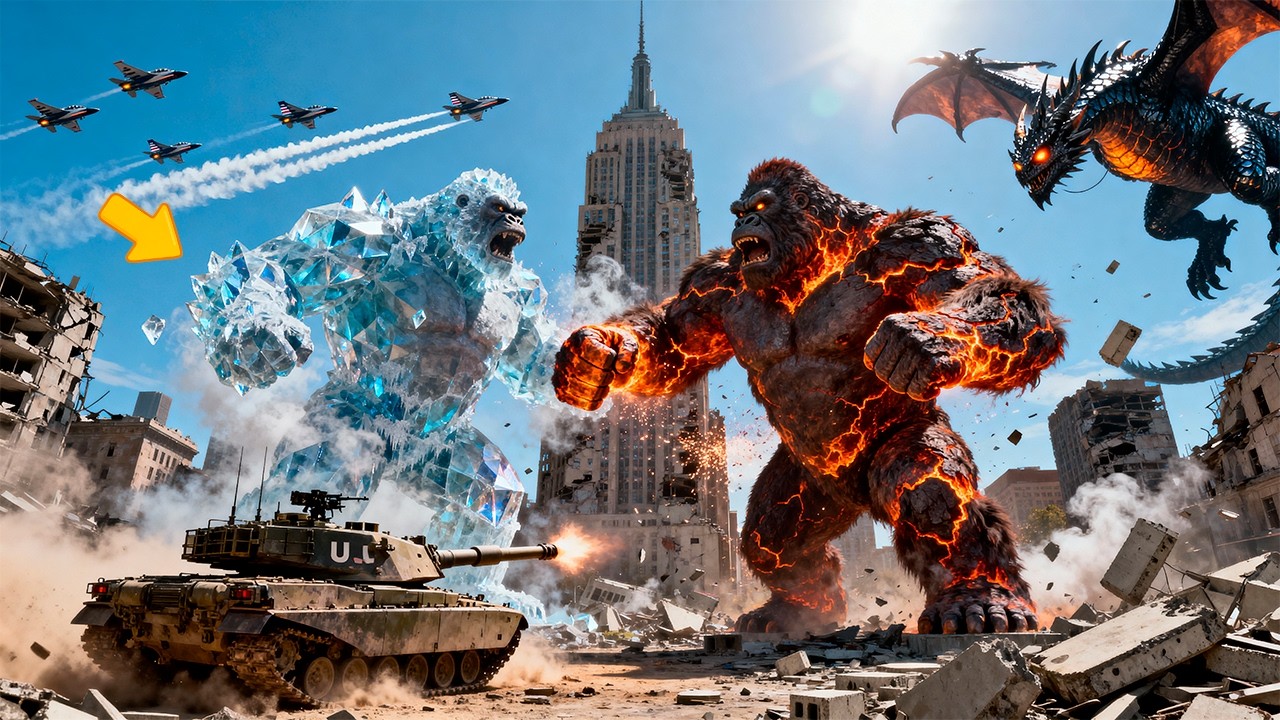 Fire King Kong & Black Dragon vs Ice King Kong | The Ultimate Elemental War Across a Ruined Megacity