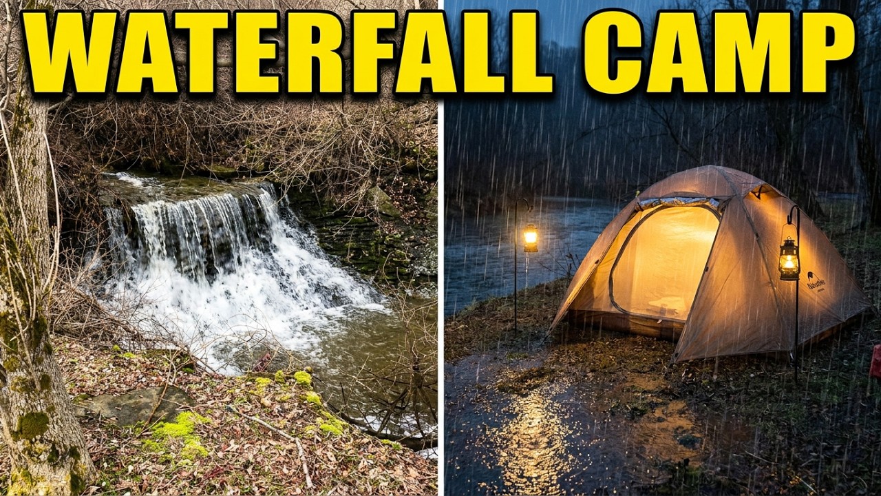 Camping Next To a Beautiful Waterfall in The Rain!!