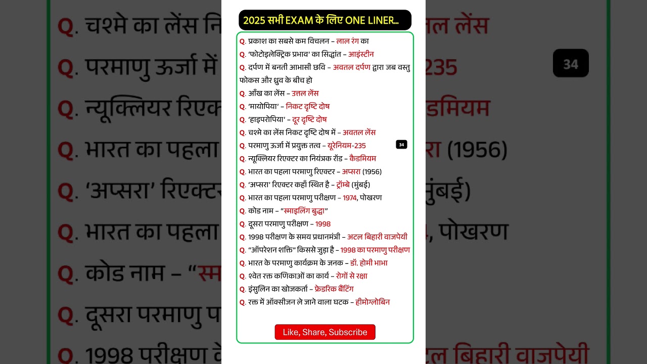 सभी exam के लिए One liner GK GS 2025 (34) #rrbntpc #rrbalp #rrbgroupd #rrbje #relway