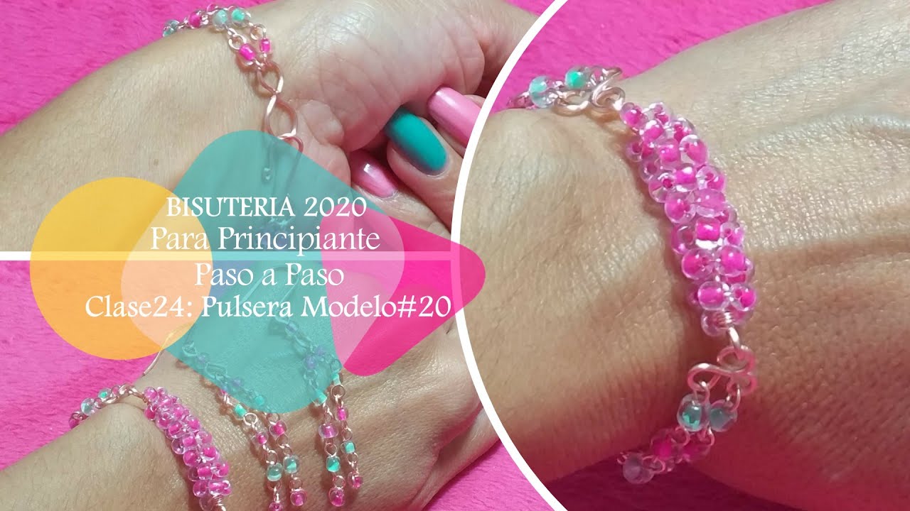 PULSERA  de ALAMBRISMO Rosa y Verde Facil de Hacer Modelo20~ Bisuteria Clase 26