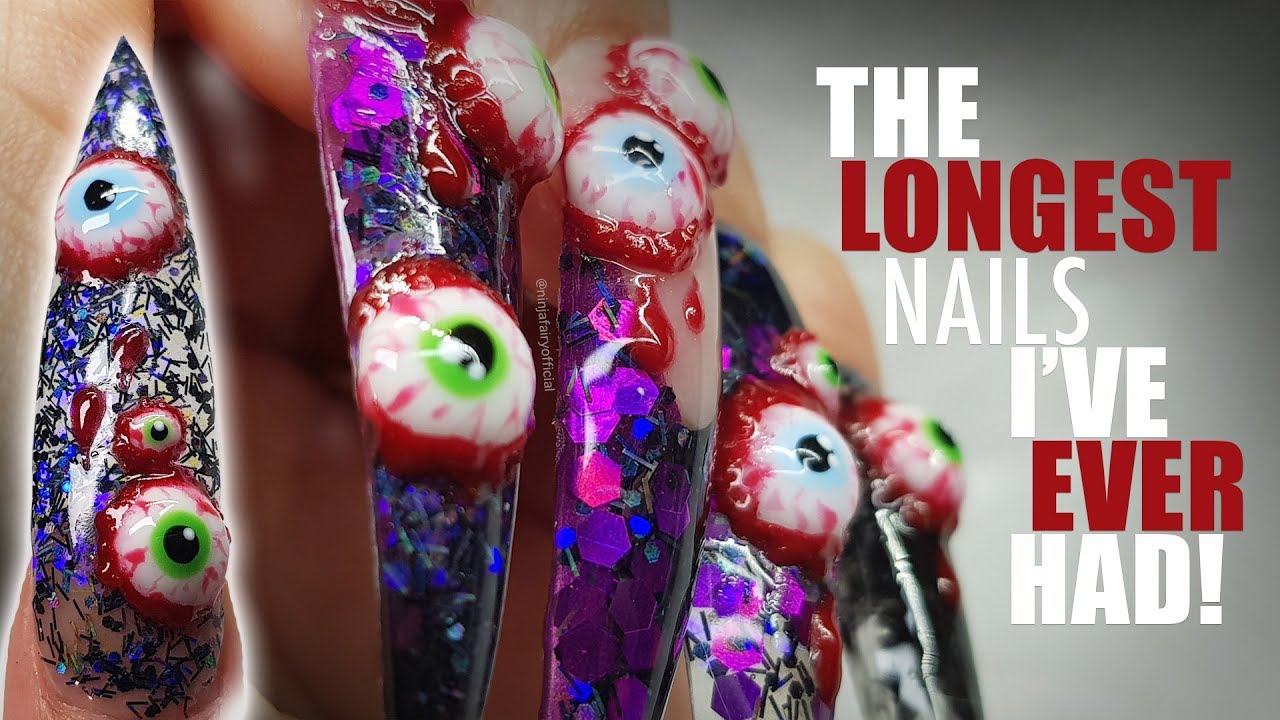 ACRYLIC NAILS SUPER LONG STILETTO & GLITTER | SPOOKY EYEBALLS AND BLOOD