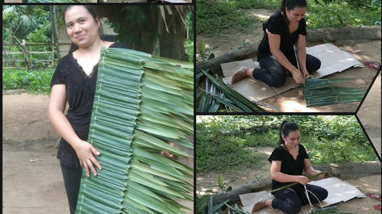Making Attap roof with palm fronds(thatched roof)