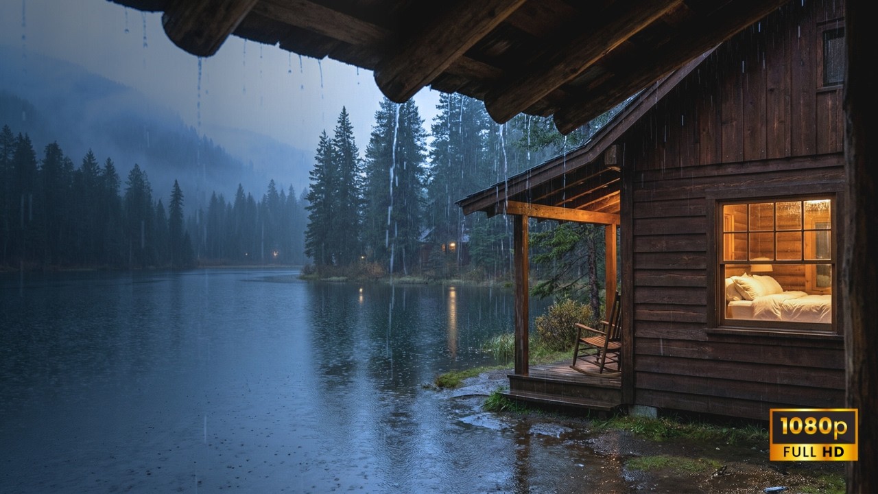 Rain Falling from the Cabin Roof 🌧️ | Lakeside Pine Forest Rain for Sleep & Relaxation