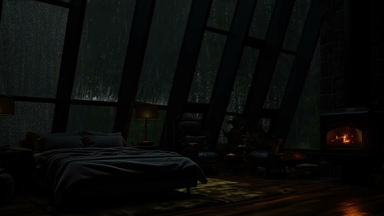 Heavy Rainfall & Cold Storms 🌧️ Relaxing Bedroom by the Fireplace Cracklings for Sleep