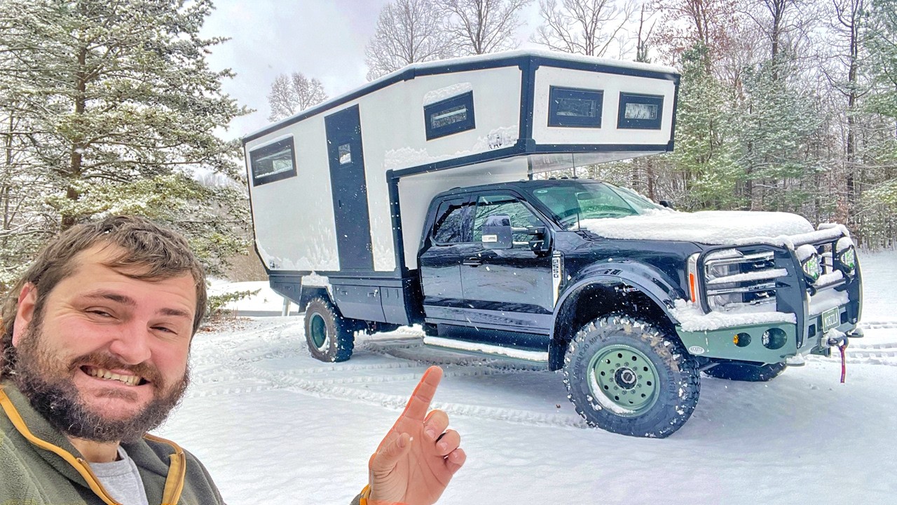 Our First Winter Snow with my F-550 Dream Truck Camper and 10 Acres in the Woods!