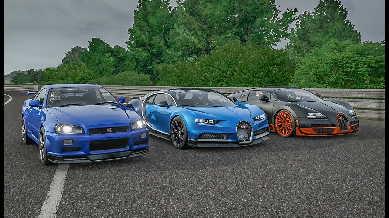 Forza 7 Drag Race! - Nissan Skyline R34 (Tuned) VS Bugatti Chiron VS Bugatti Veyron SS!