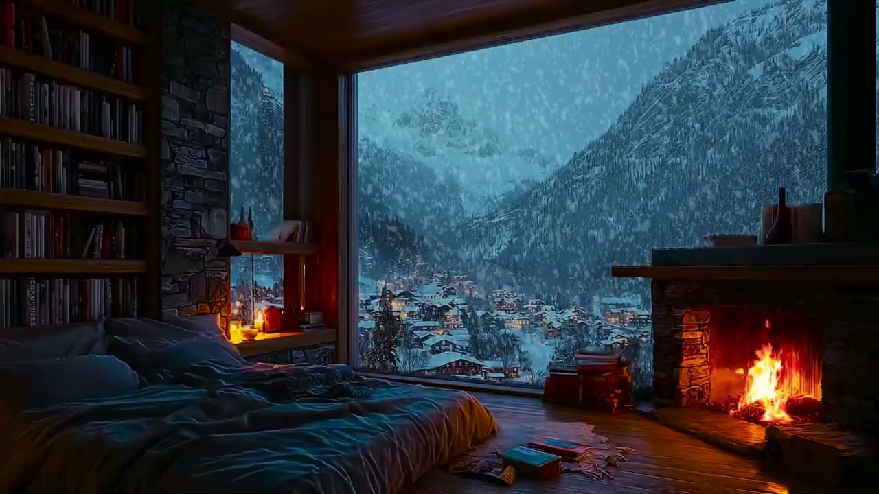 Serene Snow Covered Mountain Cabin with Crackling Fireplace Sounds for Deep Sleep and Study