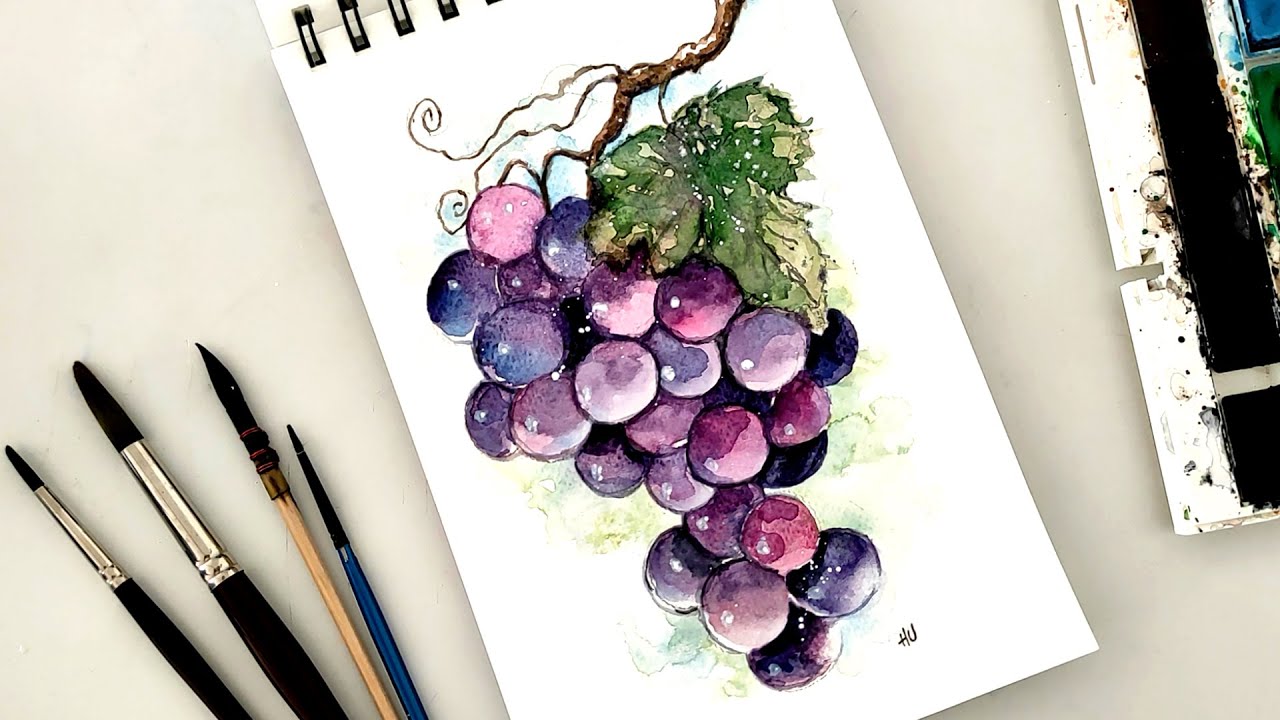 Watercolor grape tutorial, grape watercolor, fruit watercolor tutorial, fruit watercolor