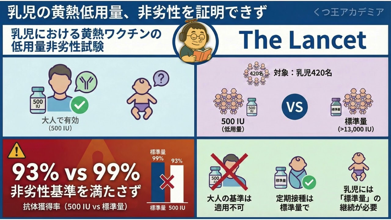 【医療者向け・音声のみ】乳児への黄熱ワクチン500IU投与、標準量に対する非劣性は示されず：ケニア・ウガンダでのランダム化試験結果　Lancet