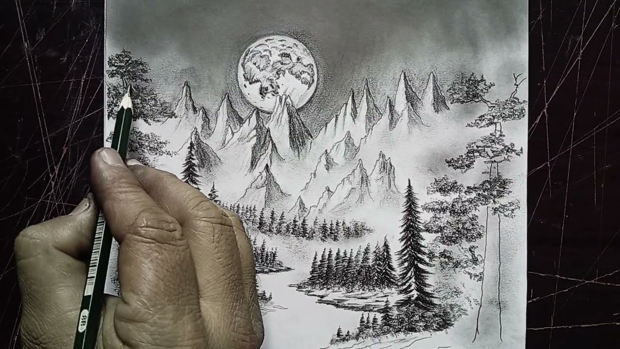 Ideas of Drawing Mountain Scenery and Riverside | Pencil Landscape Drawing Tutorial