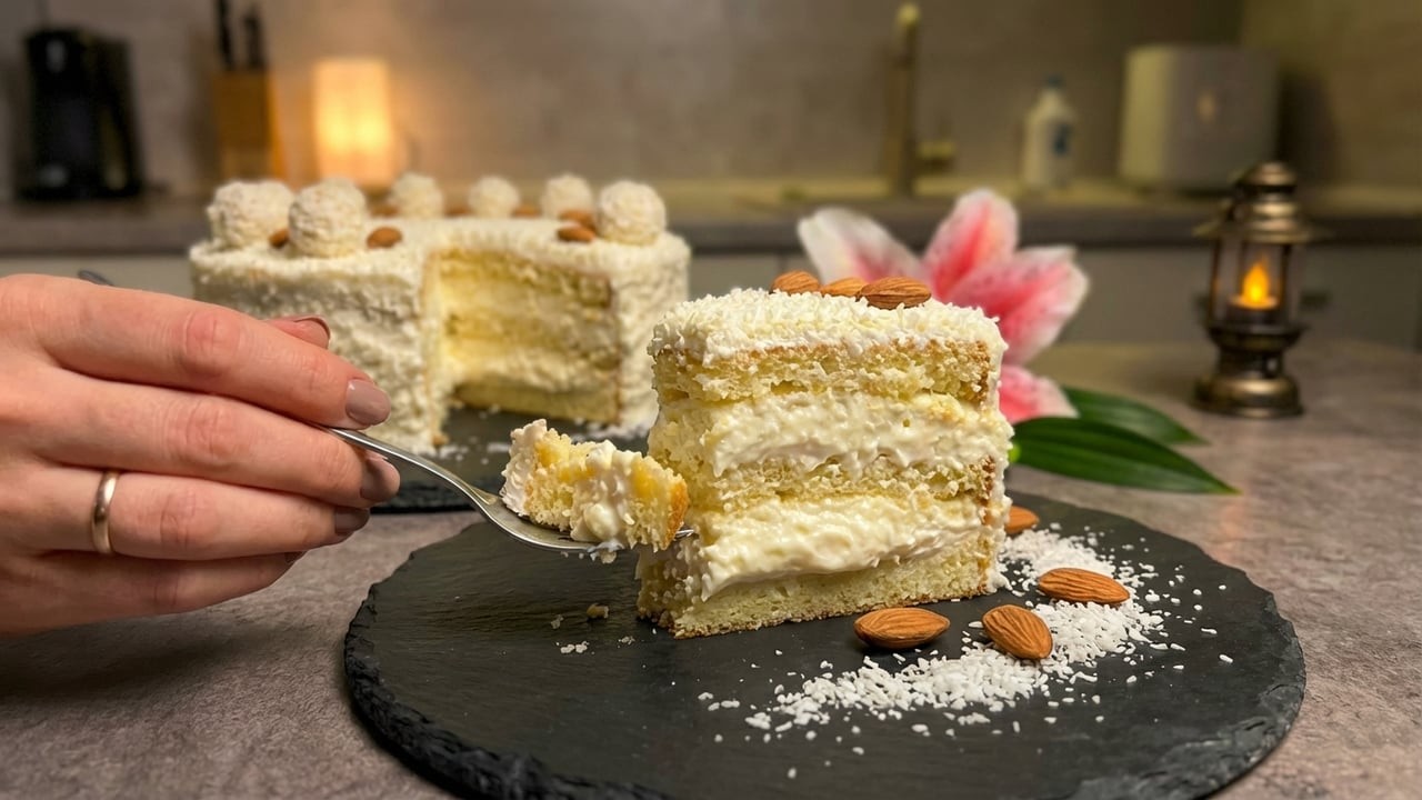 Торт «Рафаэлло»  🍰✨ Простое пошаговое приготовление с кокосом, миндалём и белой шоколадной начинкой