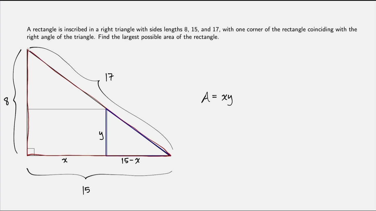 Maximum Area of Rectangle Inscribed in a Triangle (Algebra and Calculator)