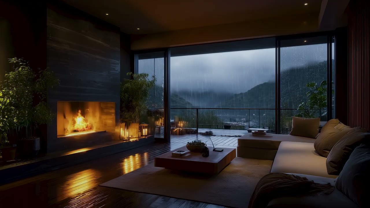 Rain and Fireplace Ambience 🌧️ Cozy Living Room Atmosphere for Deep Sleep