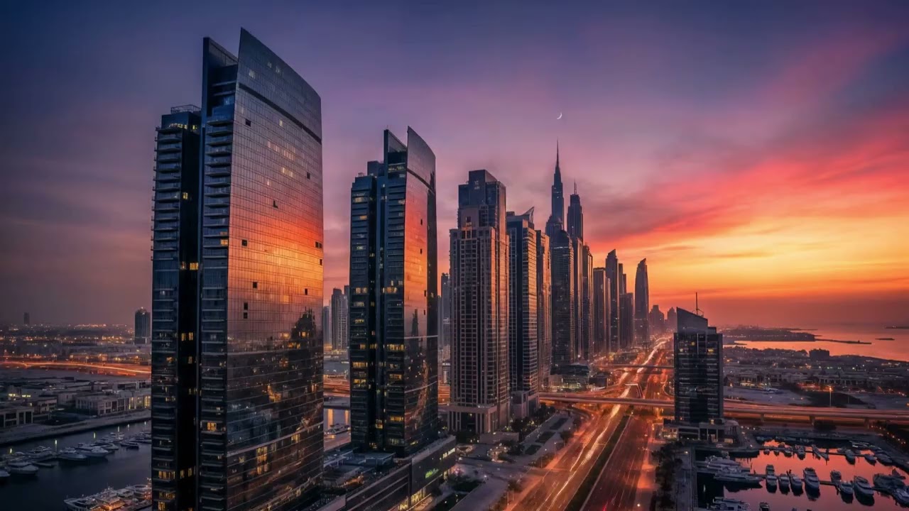 Dubai &ndash; Sunset Reflection on Glass Towers | Modern Skyline Ambience 🌇🏙️