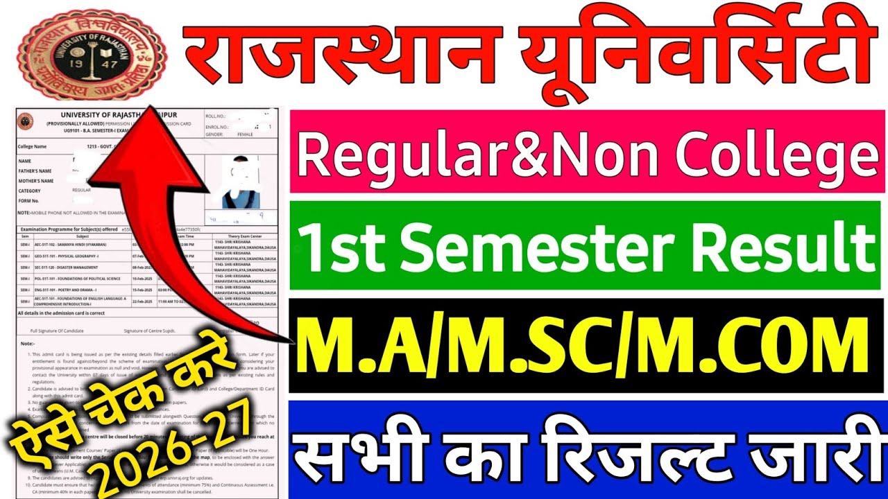 Rajasthan University 1st Semester Result 2026 // Uniraj MA 1st Semester 2026 Kaise Check Kare