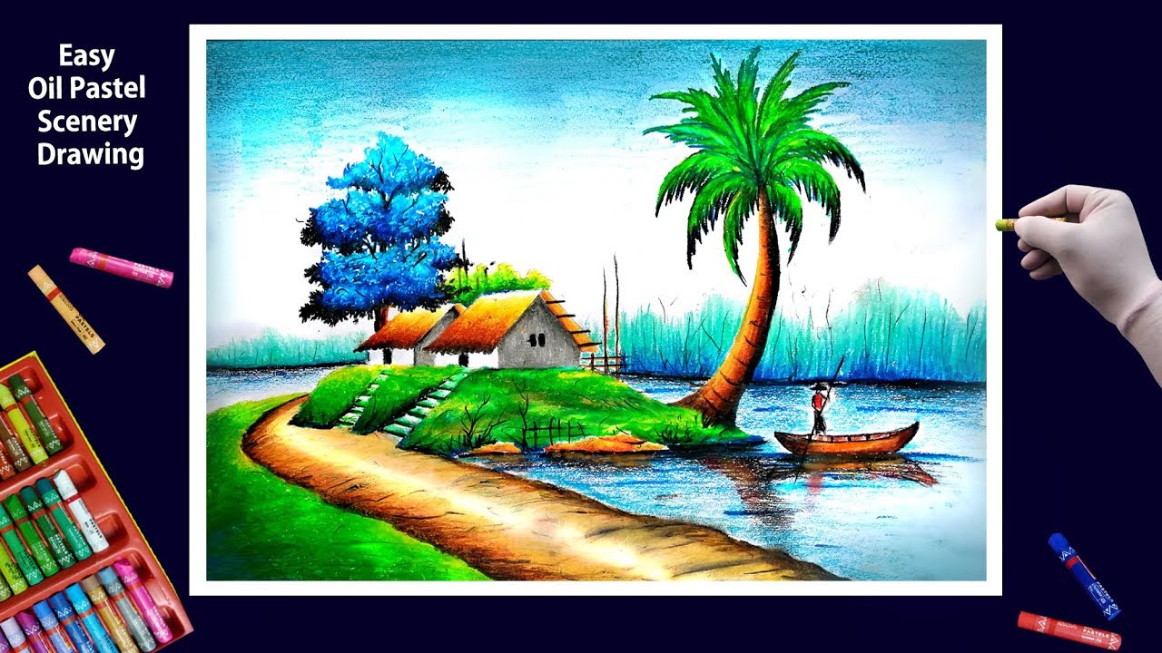 Beautiful Scenery Drawing with Oil Pastels-Step by Step