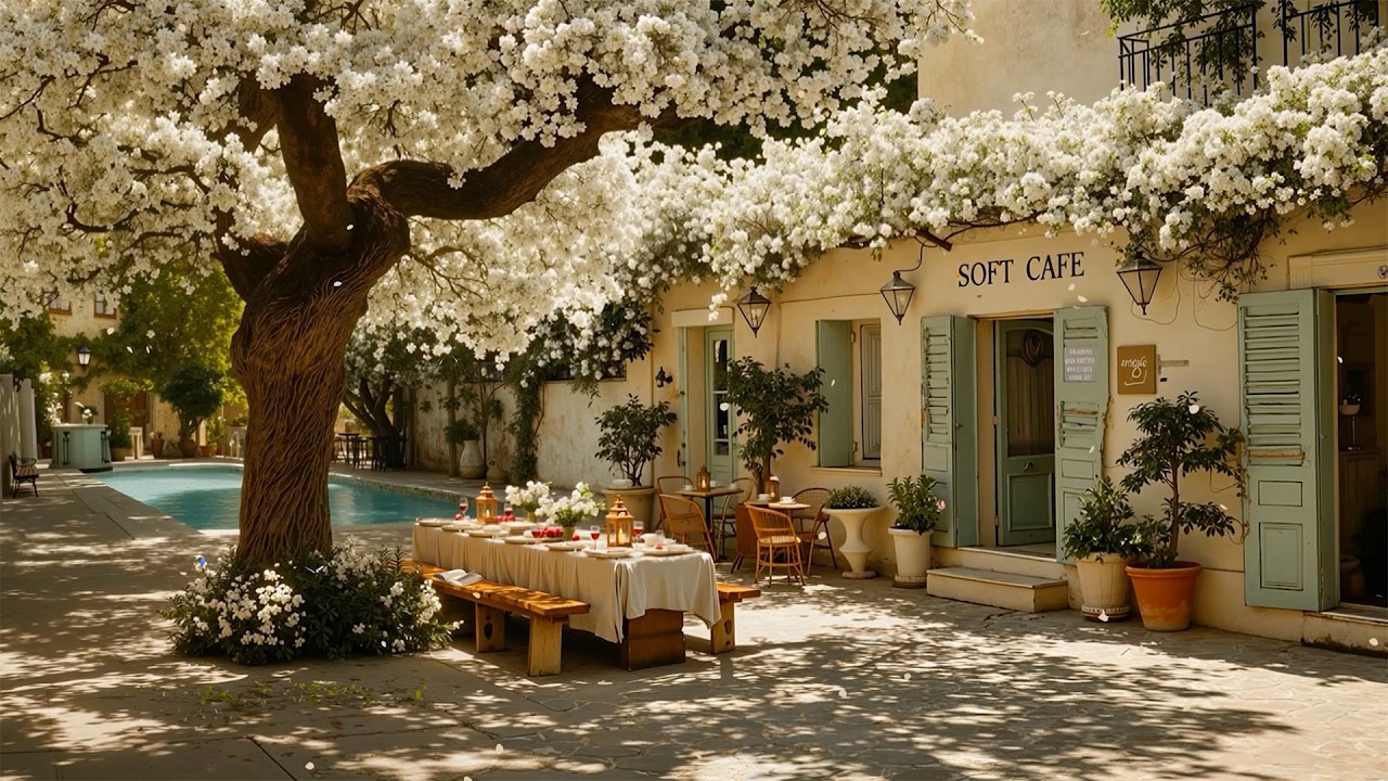 Peaceful Spring Morning at a Cozy Courtyard Caf&eacute; 🌸 Warm Jazz Ambience for Relaxation & Happy Moments