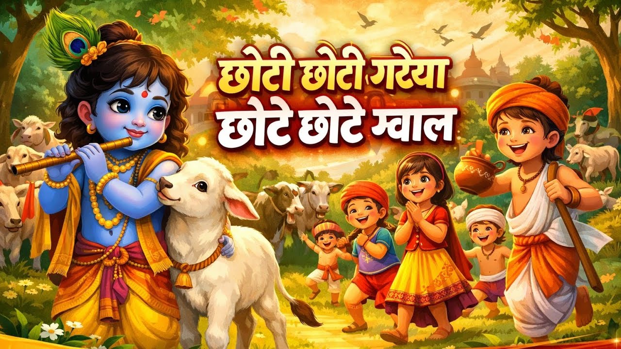 छोटी छोटी गईया छोटे छोटे ग्वाल 🐄 | Krishna Bhajan for Kids | Animated Bal Krishna Song