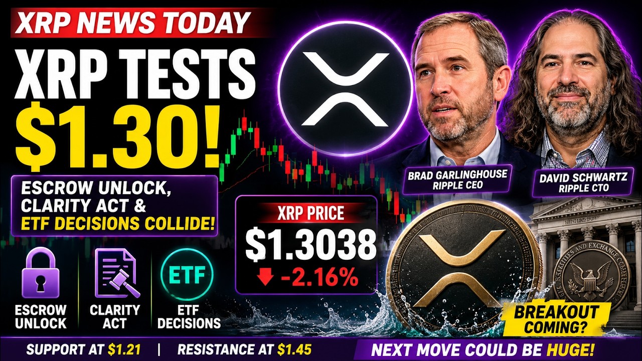 XRP News TODAY - XRP Tests $1.30 Escrow Unlock, Clarity Act & ETF Clash