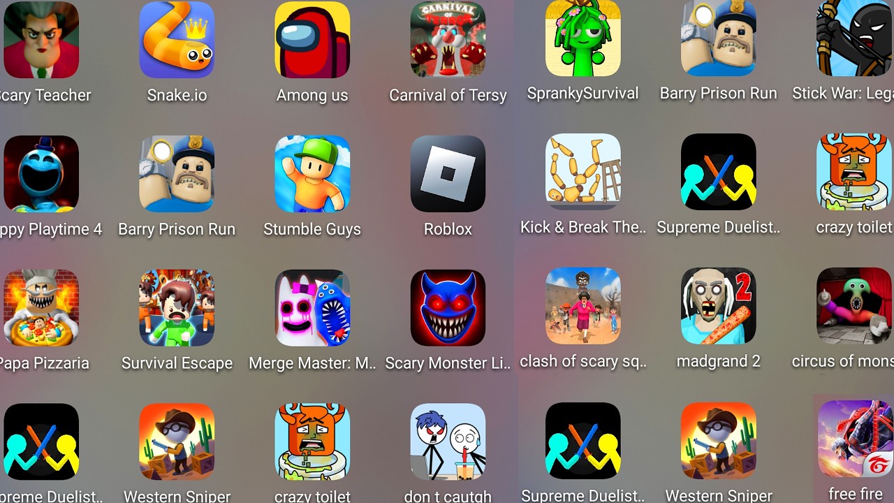 Grimace Monster Scary Survival,Grumpy Gran,Crazy Toilet,Squid Game Family,Clash Of Scary Squad......