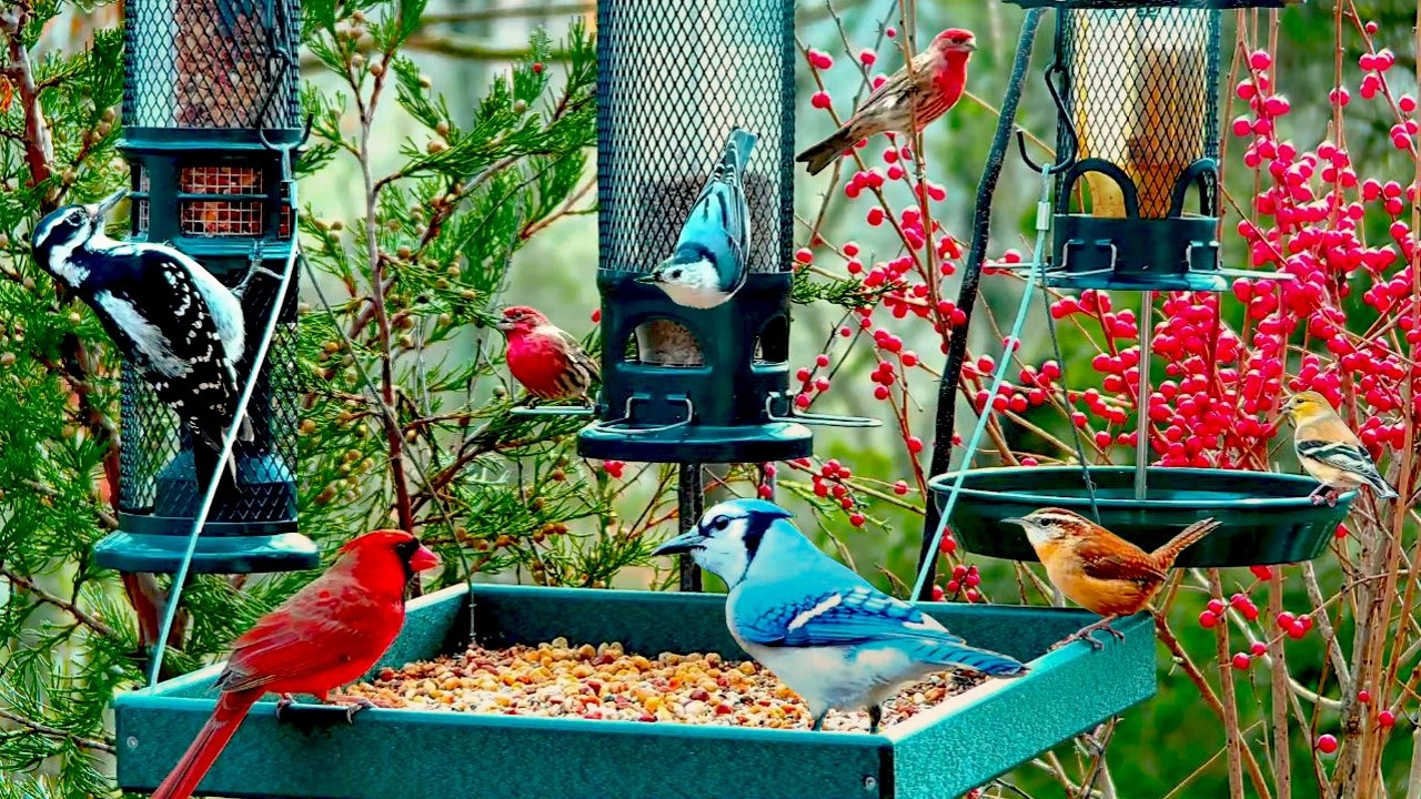 🔴LIVE Rainy Cottage Bird Feeder: Cardinals, Woodpeckers, Doves, song birds, Sleep, Cat TV