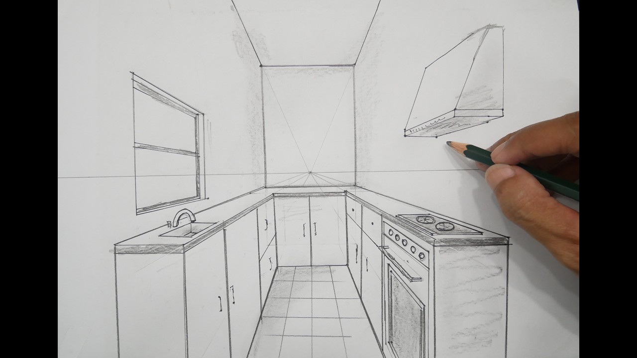 learn how to draw a simple kitchen in 1 point perspective