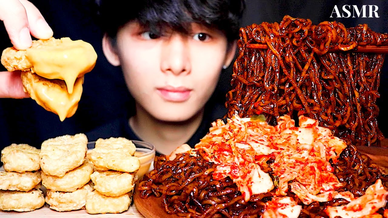 ASMR BLACK BEAN NOODLES + KIMCHI + CHEESY CHICKEN NUGGETS (Eating Sound) | MAR ASMR