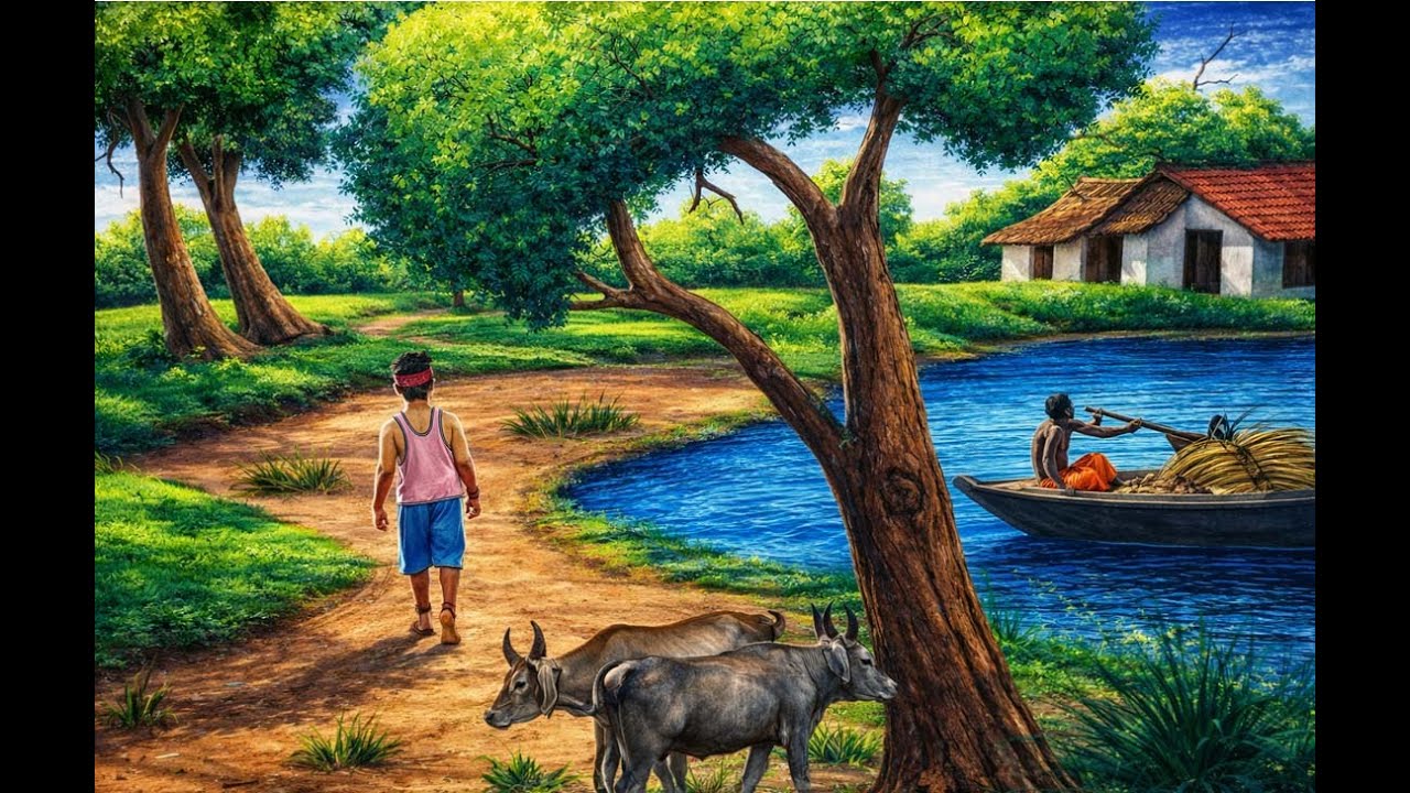 Village Scenery Drawing with Oil Pastel | Beautiful Village Landscape | River Village Drawing