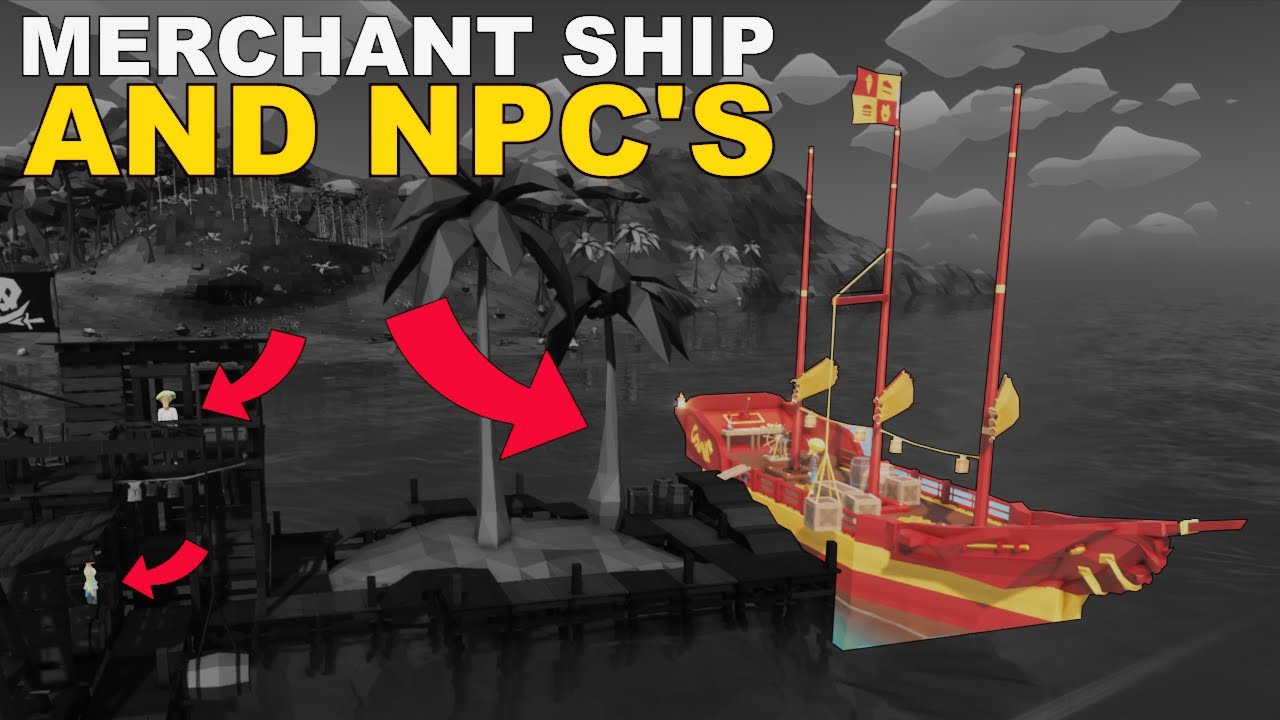A merchant ship and Npc's at the pirate outpost in Ylands