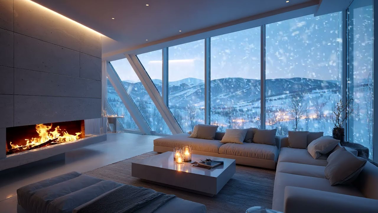 Snowy Wind Night Outside with Soft Fireplace Crackling Inside for Calm Focus and Better Sleep