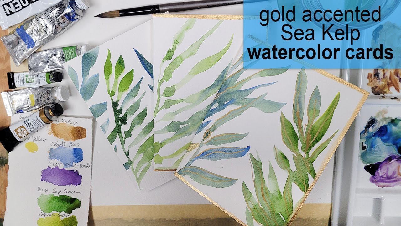 Easy Gold Accent Sea Kelp Watercolor Cards Painting Tutorial