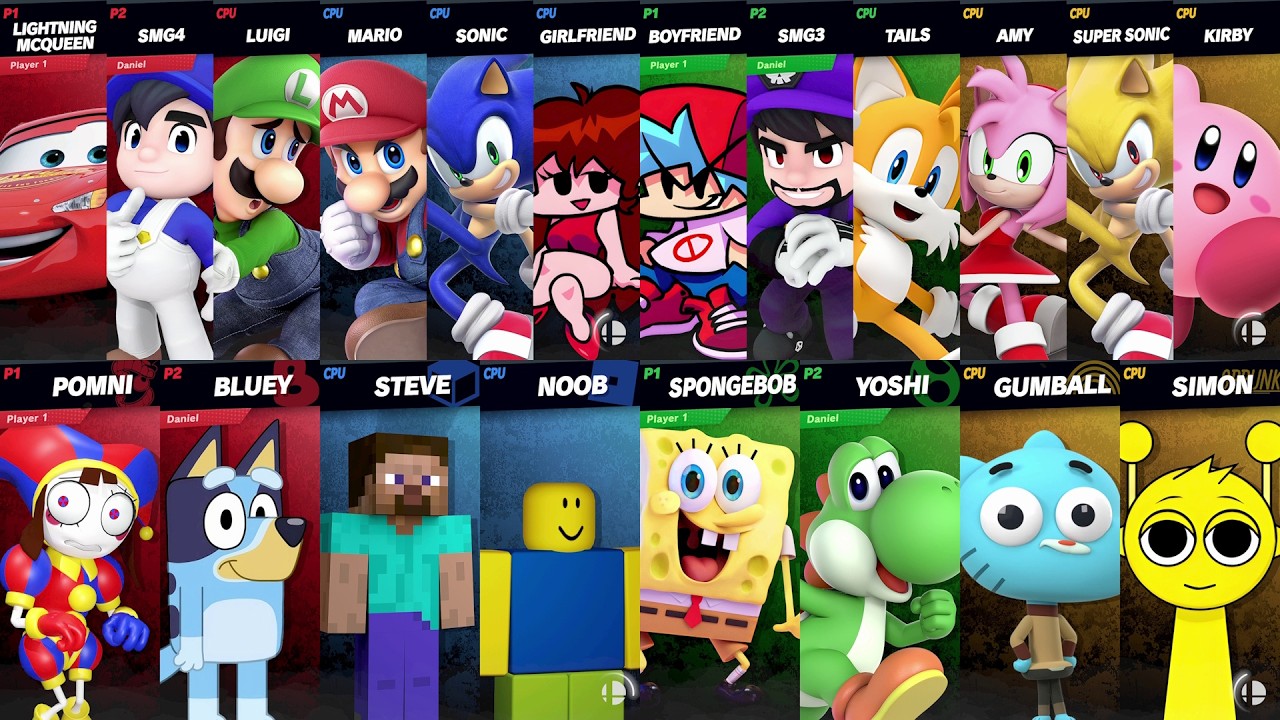 Sonic vs Mario vs Roblox vs Minecraft vs Car vs Bluey vs SpongeBob vs Girlfriend | Super Smash Bros