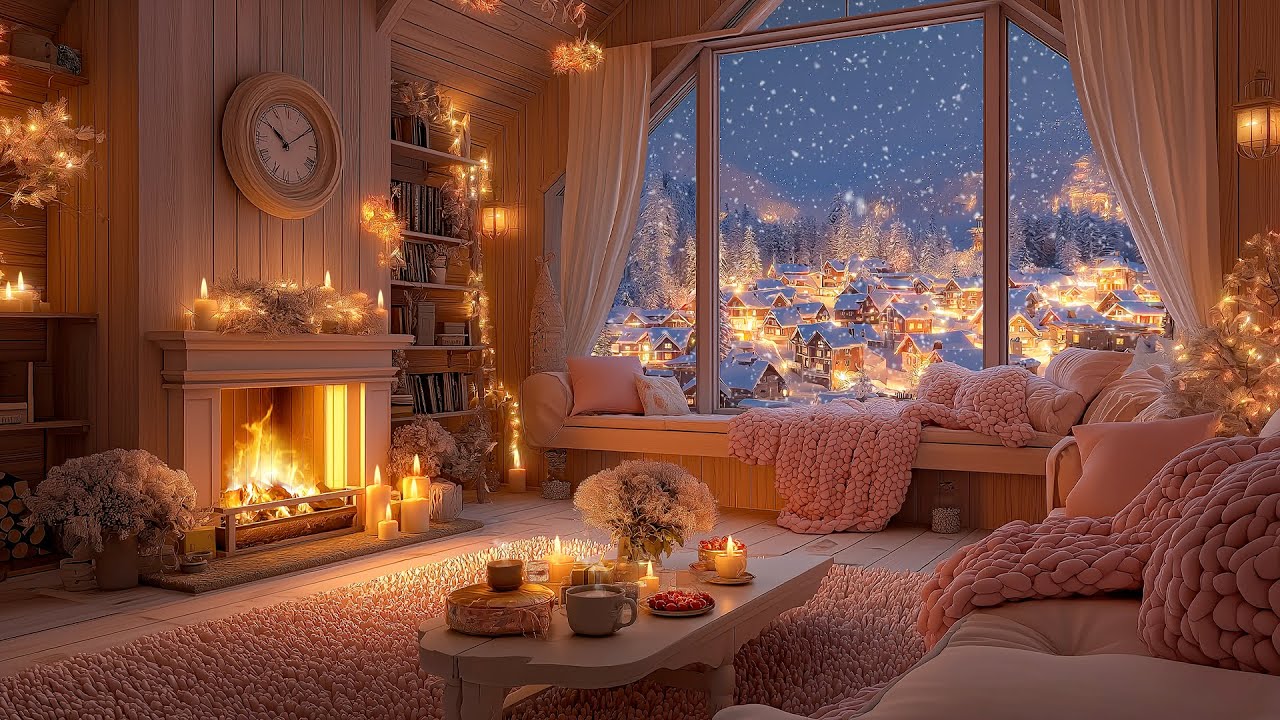 🤍Soft Winter Piano Tunes 🎹Cozy Night Living Room & Snowfall for Meditation, Relaxation & Inner Peace