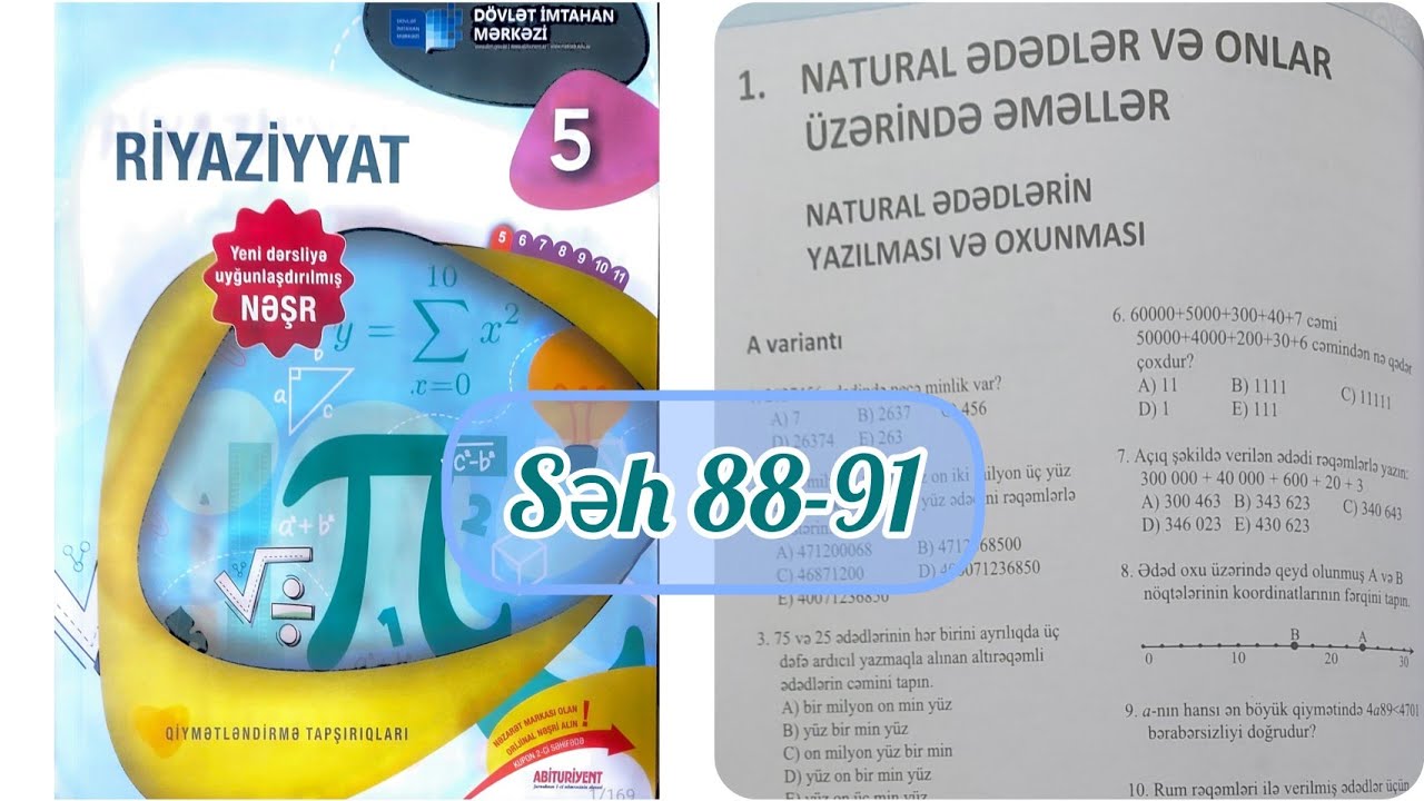 5-ci sinif Riyaziyyat DİM səh 88,89,90,91. Natural ədədlərin yazılması və oxunması testlər