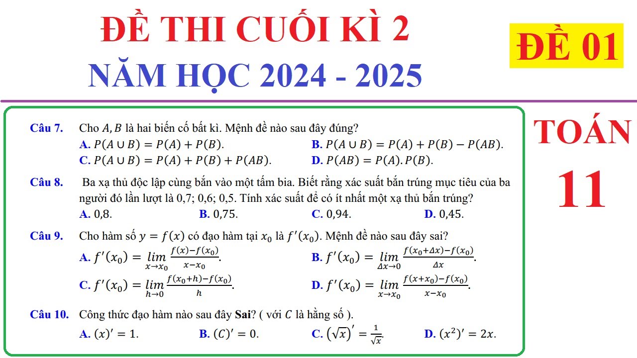 TOÁN 11 - ĐỀ 1 - ĐỀ THI CUỐI HỌC KÌ 2 TOÁN 11 NĂM 2024-2025. ÔN TẬP CUỐI HỌC KÌ 2