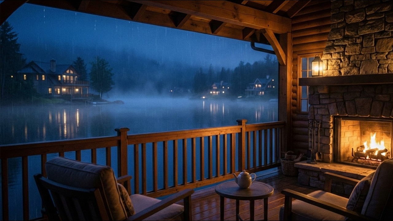 NIGHT RAIN SOUNDS & WARM CABIN FIREPLACE | CALM ATMOSPHERE & TOTAL RELAXATION FOR QUALITY DEEP SLEEP