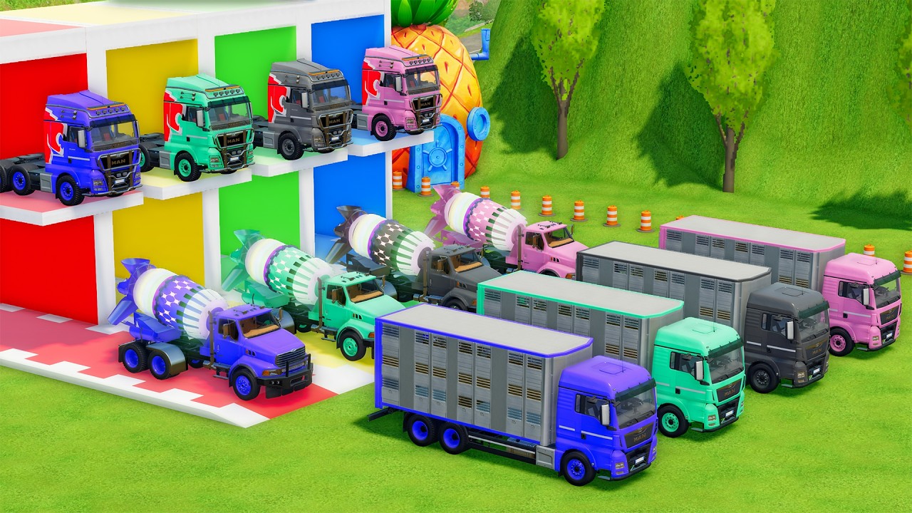 Garage with Colors - ALL MIXER TRUCK WITH DOUBLE FLATBED TRAILER TRUCK, MAN, STERLING, SCANIA, HONDA