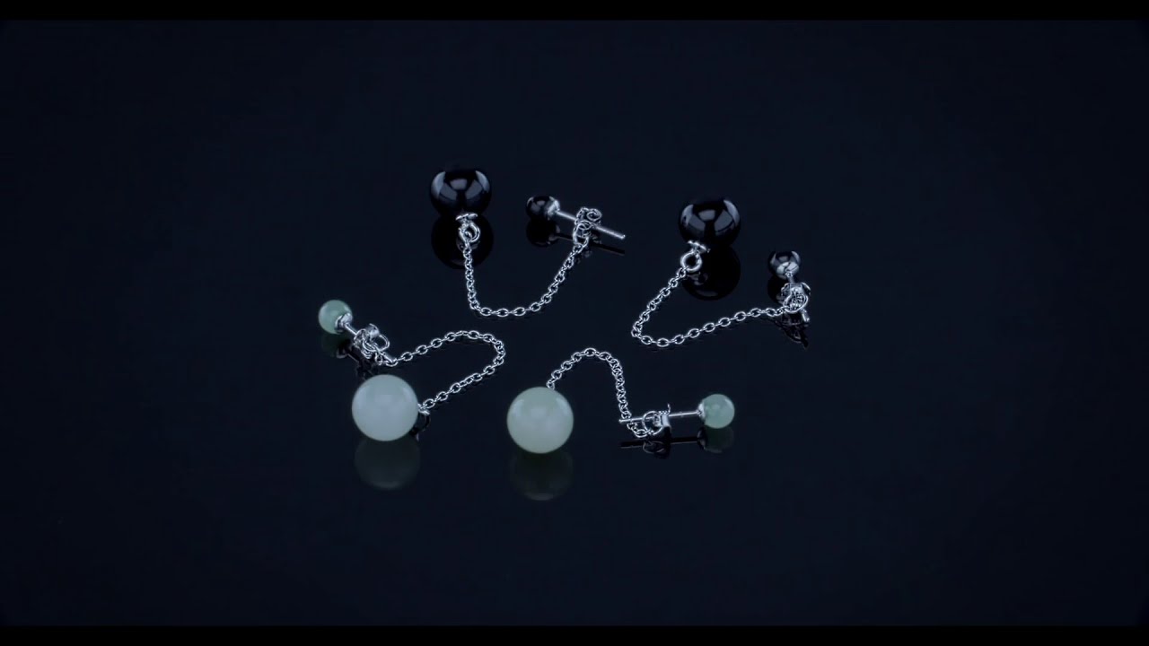 Black Onyx Green Jade Double Ball Chain Earrings Sterling Silver 8MM