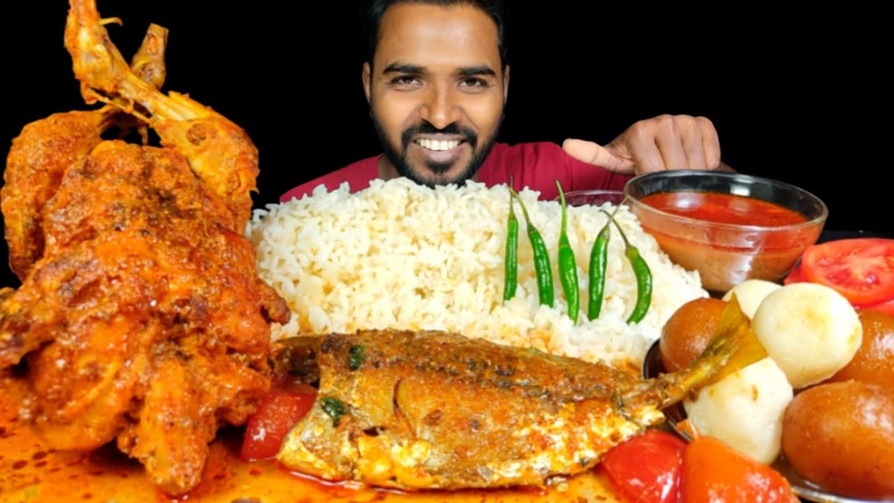 Eating Spicy Whole Chicken Curry,Fish Curry, Rasgulla,Gulab jamun,Rice,Extra Chilli & Tomato Mukbang