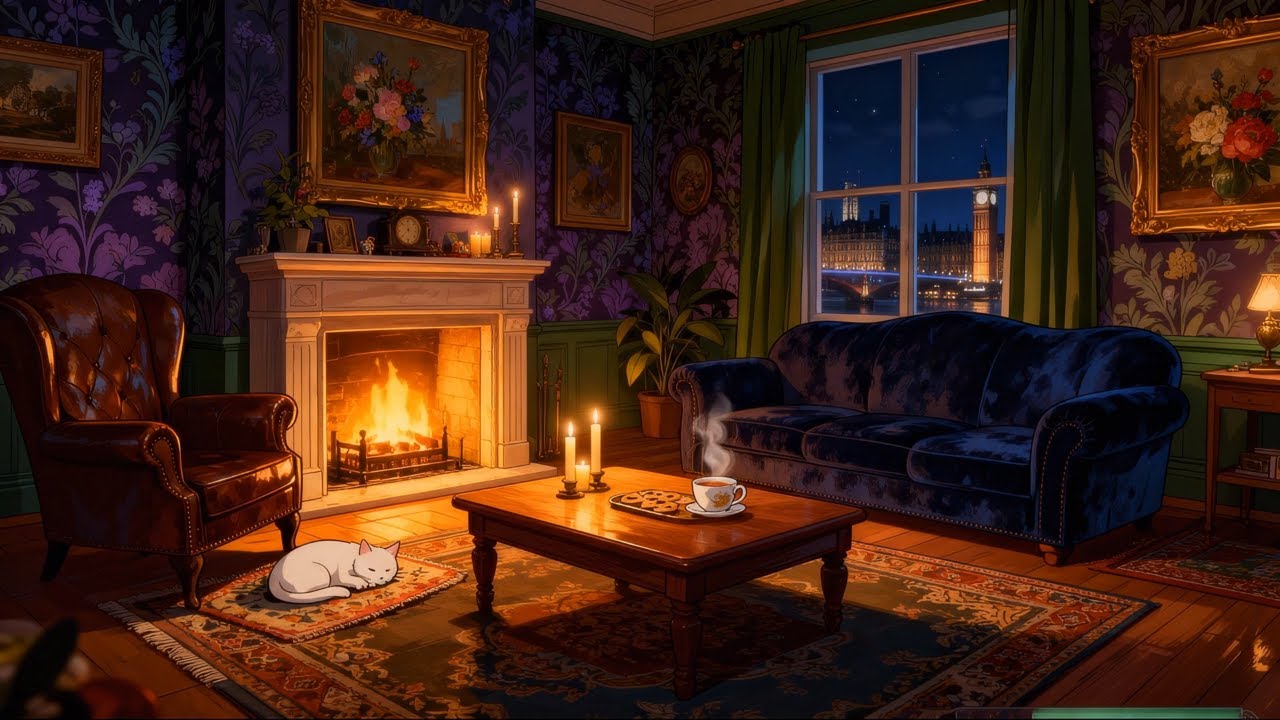Jazz Relaxing Music for Studying, Work ☕ Cozy London Night Fireplace Ambience & Soft Piano Jazz