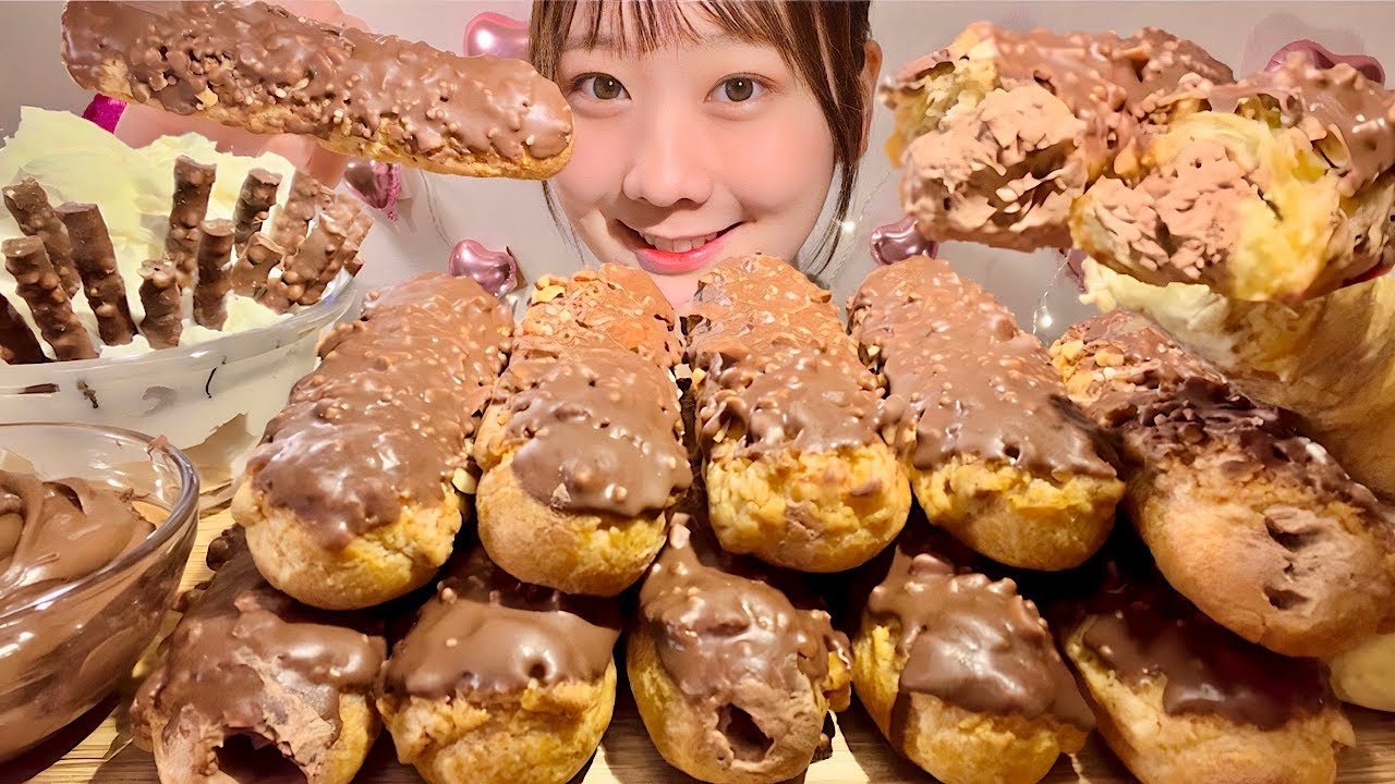 ASMR слойка с шоколадным кремом【русские субтитры】【Mukbang/ Eating Sounds】