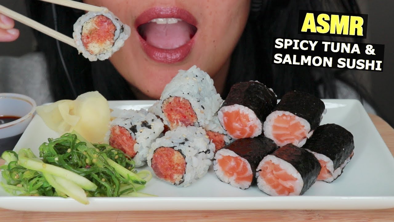 ASMR SALMON & SPICY TUNA SUSHI MAKI ROLLS - SUSHI EATING SOUNDS - NO TALKING