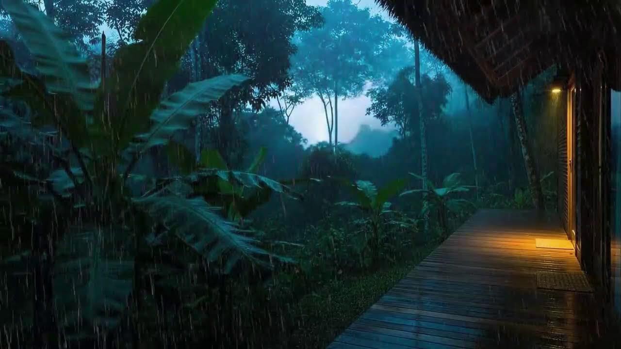 Sleep Now with Soft Rainfall and Distant Thunder at Wooden Cabin Terrace 🌧️