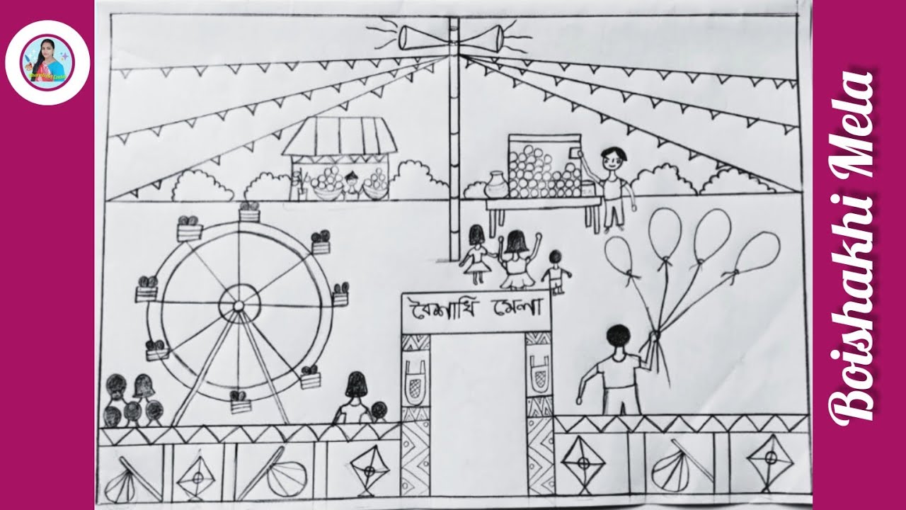 How To Draw scenery off pohela boishakh drawing part -1|  easy drawing boishakhi mela step by step