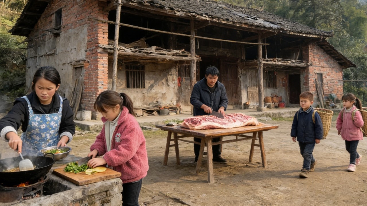 【一家六口隐居深山】年幼的4个孩子合力扛起大桌板，上山割草、下厨做饭，默默替爸爸分担