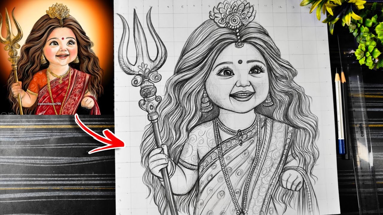 Cute Maa Durga Drawing Outline, How To Draw Maa Durga Navratri, Durga Thakur Drawing Step By Step