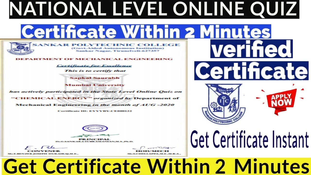 National Level Quiz Chemical Energy  | Get Certificate | Free Certificate With in 2 Min